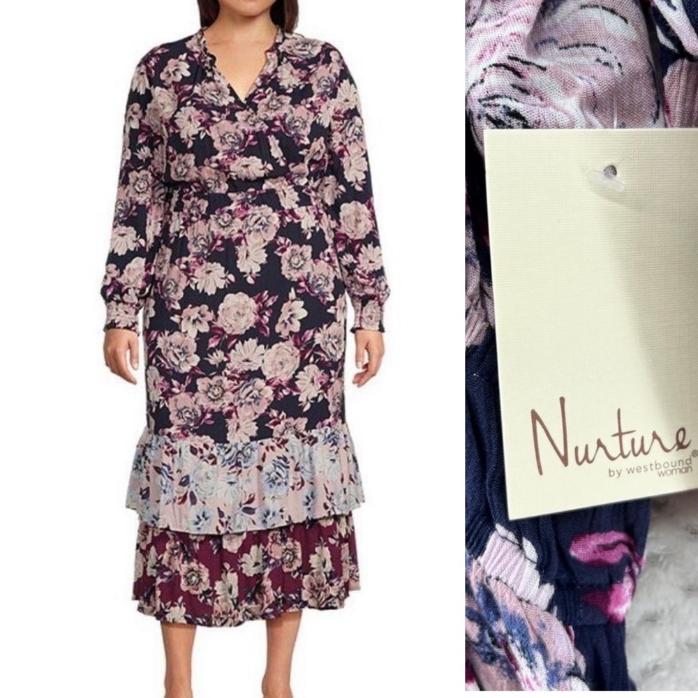 Nurture by Westbound Floral Maxi Dress Boho Chic Long Sleeve Navy Pink 1x Tiered
